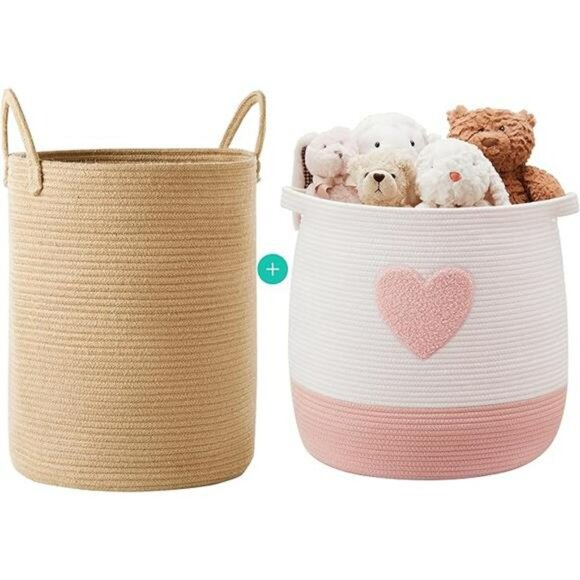 Large Pink Cotton Rope Laundry Basket Hamper Woven Storage Bin for Toys Blanket - Picture 8 of 8